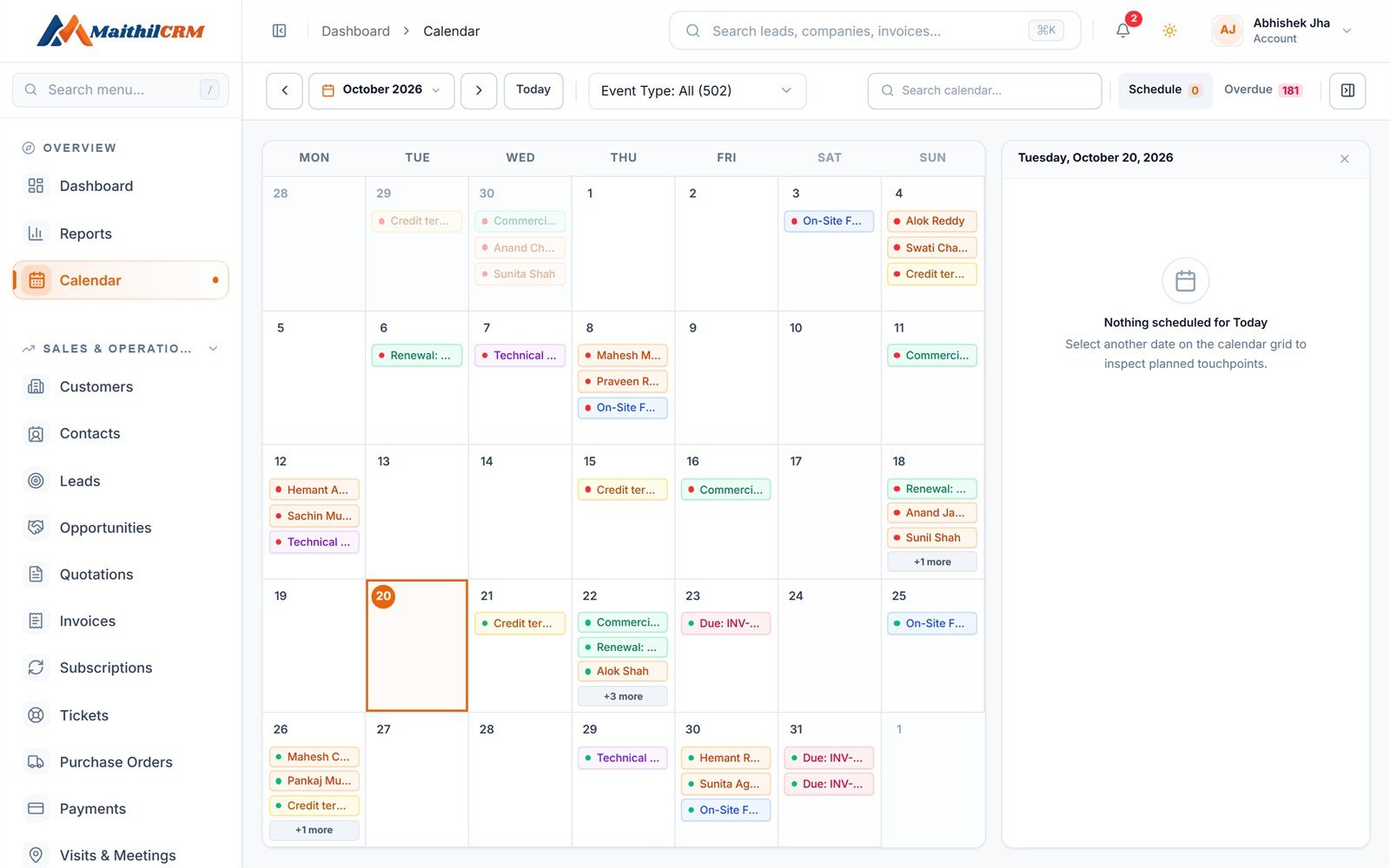 Calendar showing scheduled visits, meetings, follow-ups and invoice due dates