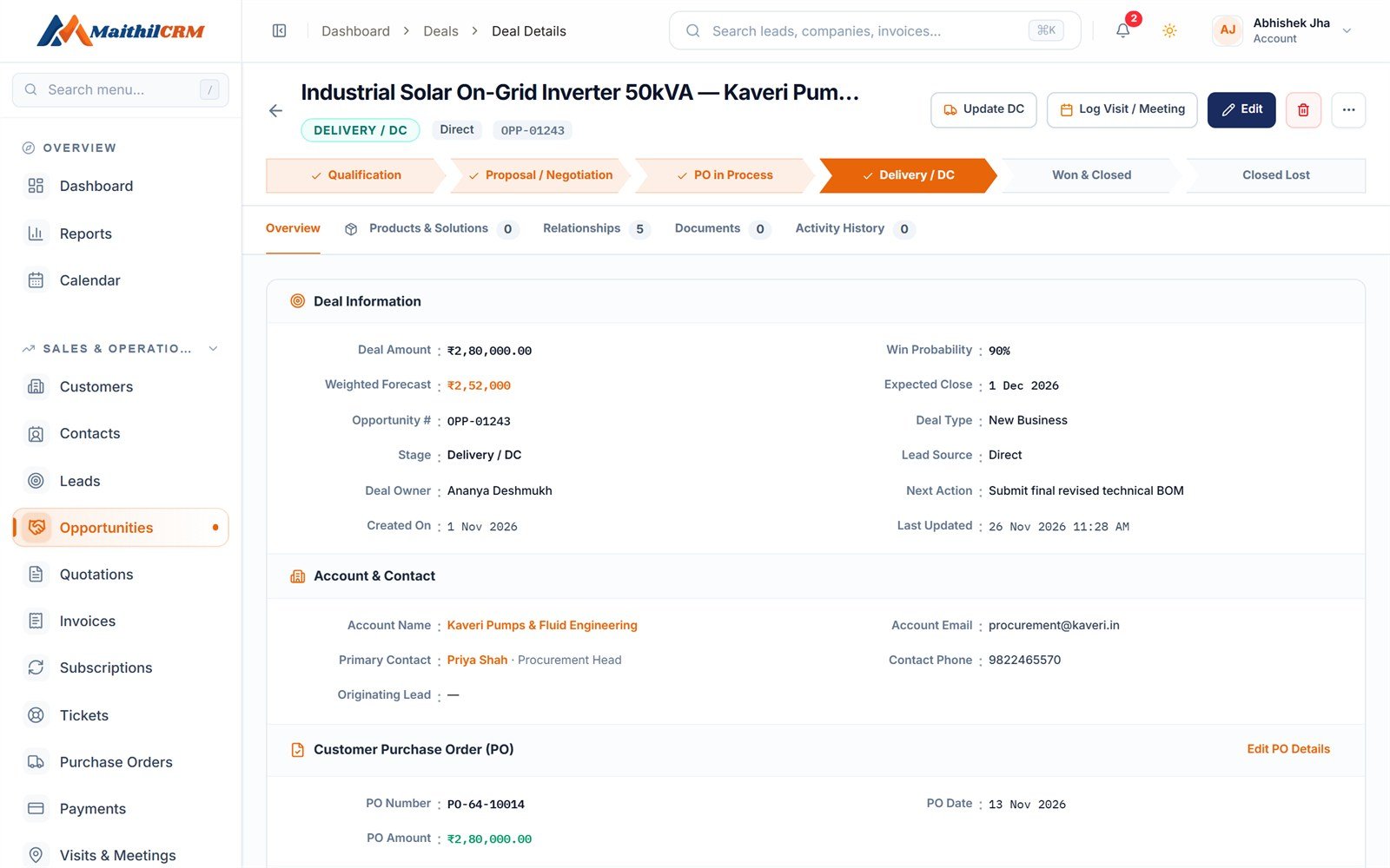 Deal record with amount, win probability, stage, account and the customer's purchase order number, date and amount