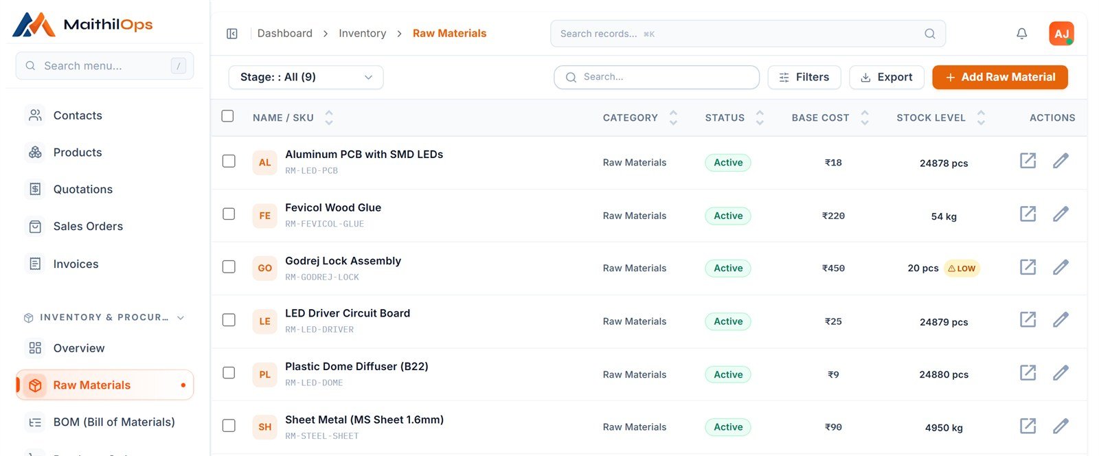 Raw materials list with stock levels for each item and a low-stock warning