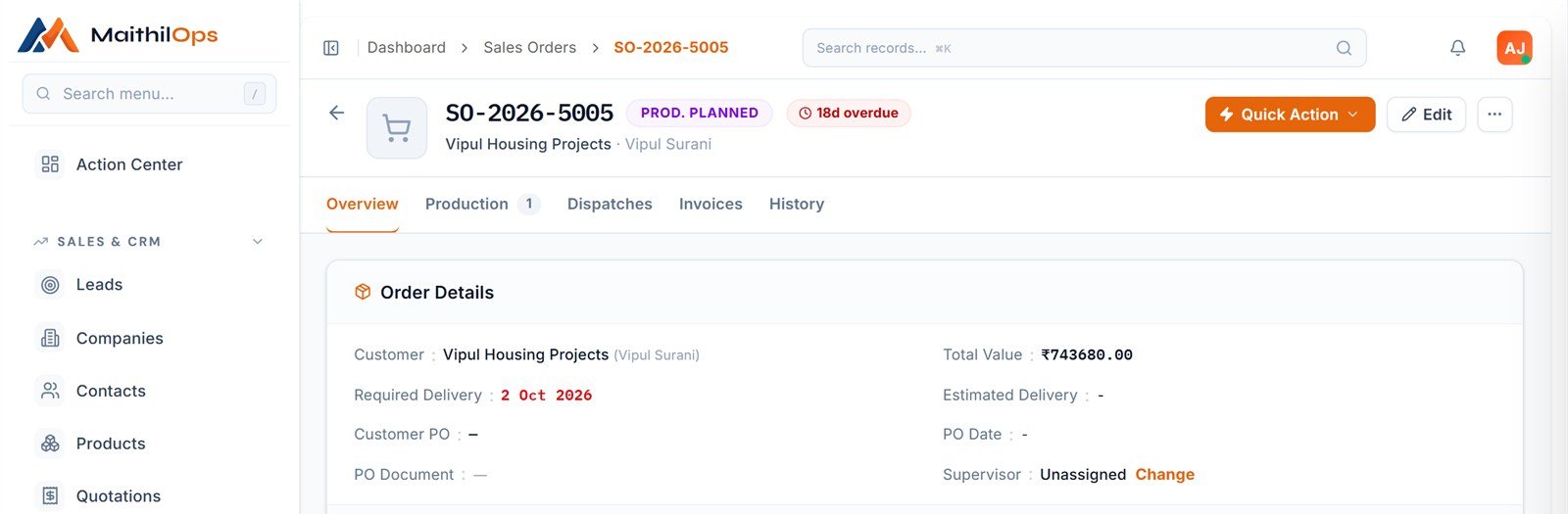 Sales order with customer, value, required delivery date and production status